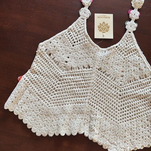 Brand New Rebellion Again Cream Crochet Tank Top Boho Crop Butterfly Cotton - Picture 10 of 15